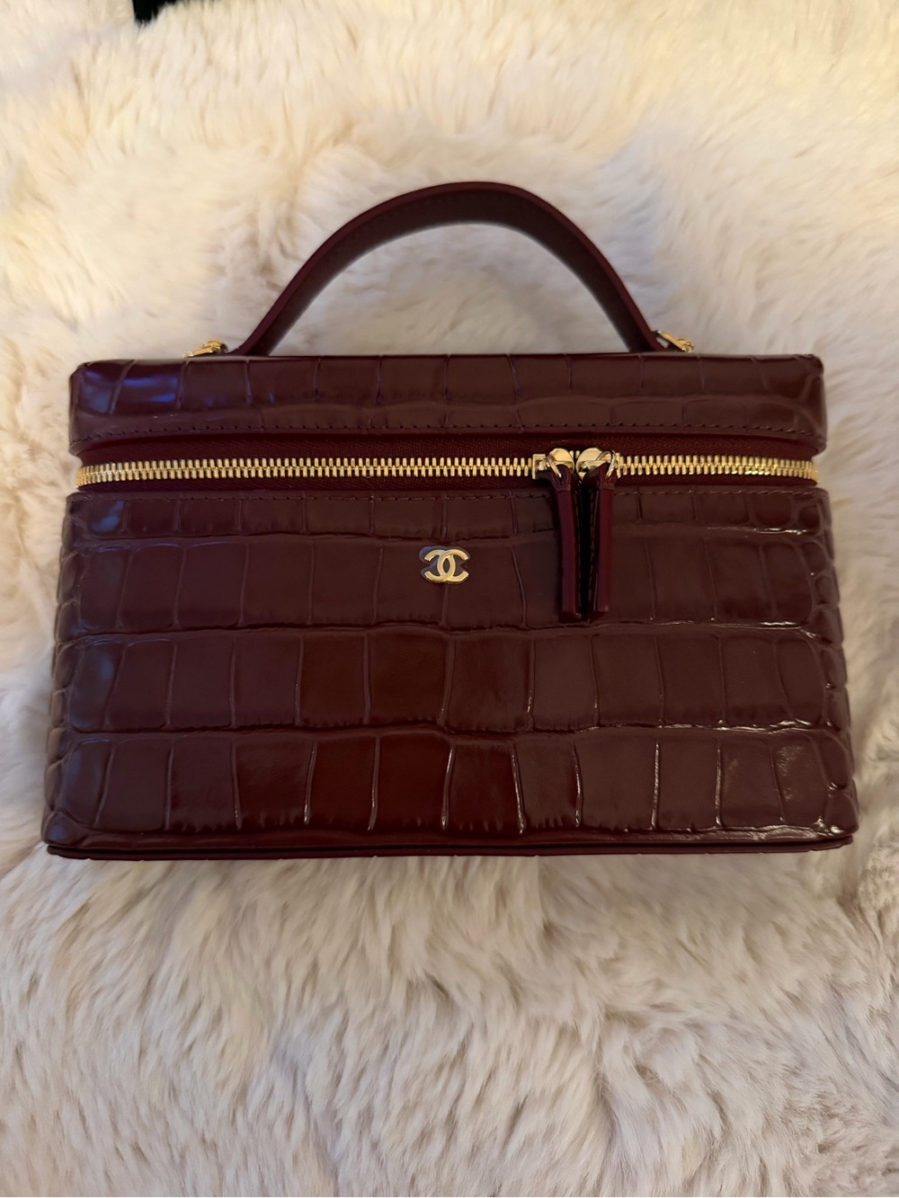CHANEL Burgundy Croc Embossed Top Handle Slim Vanity Bag with Gold Hardware